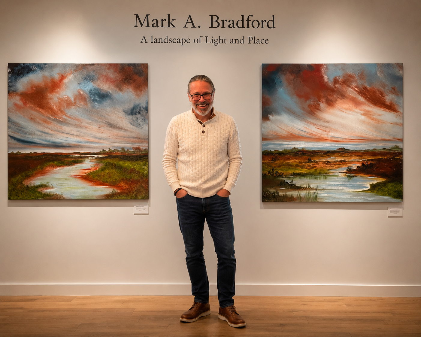 Mark A. Bradford in a gallery with his paintings